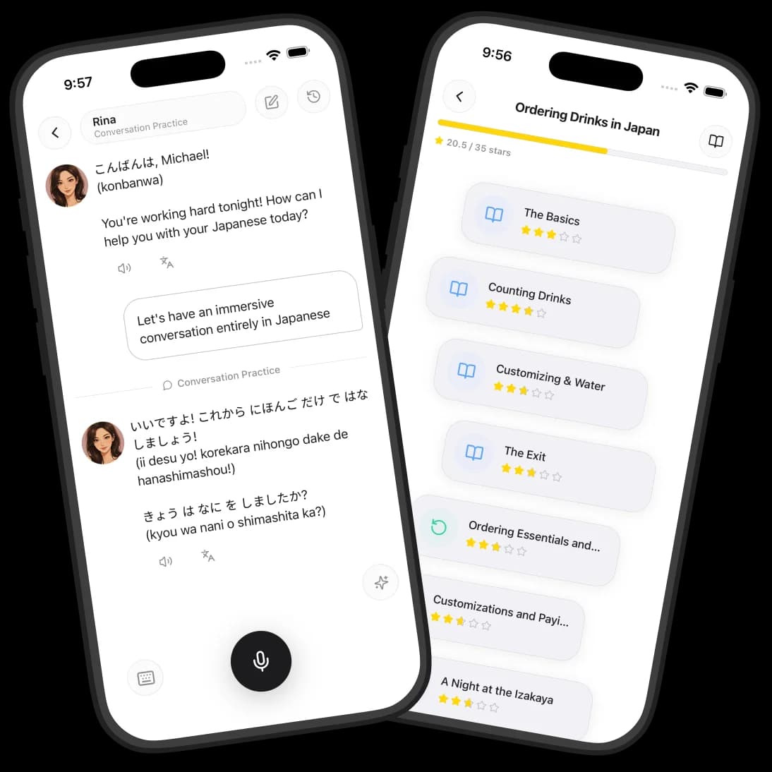Chatomo app showing conversation and lessons